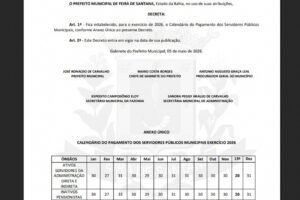 Prefeitura de Feira estabelece calendário de pagamento dos servidores para o exercício de 2026