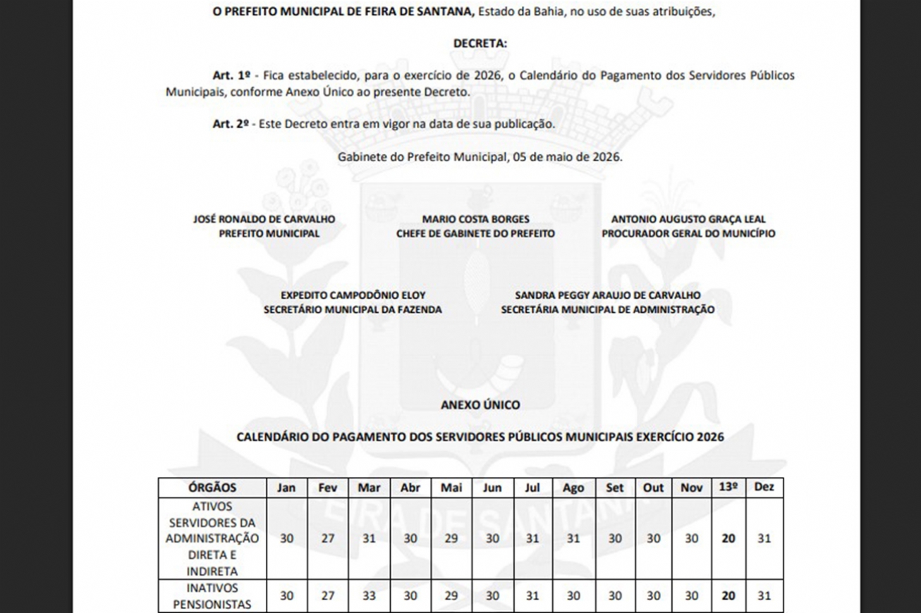 Prefeitura de Feira estabelece calendário de pagamento dos servidores para o exercício de 2026
